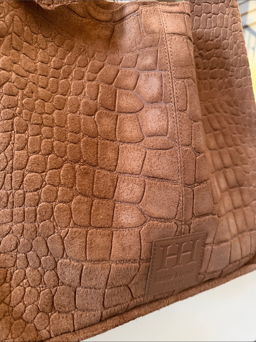 Haute Hippie Women’s Festival Genuine Suede Hobo Bag—Crocodile Embossed Tan - Picture 4 of 8